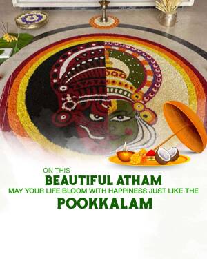 Colorful Pookkalam with a traditional Kerala art face and festive decorations