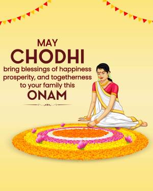 Illustration of a woman preparing a floral carpet (Pookalam) for Onam festival.