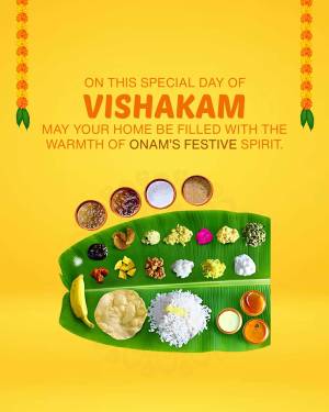 Onam Sadhya spread on a banana leaf with festive text