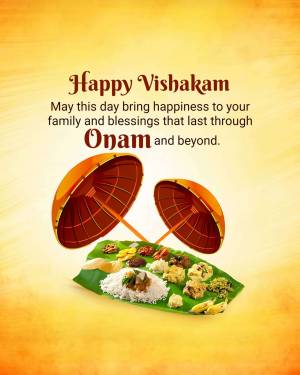 Festive image wishing Happy Vishakam and Onam with traditional Kerala Sadhya meal and umbrellas.