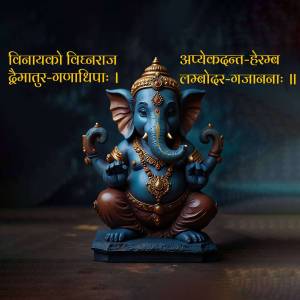 Close-up of a blue Ganesha statue with intricate details and Sanskrit text.