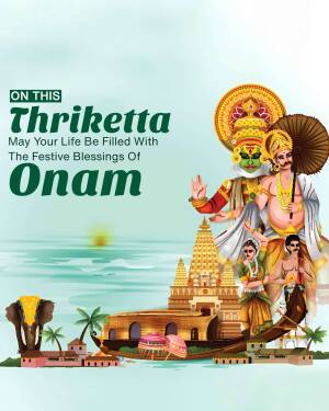 Illustration of a Thriketta character with Onam wishes and Kerala landscape