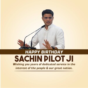 Sachin Pilot speaking at a podium with a birthday greeting