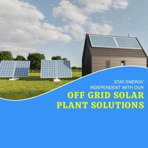 Modern house with solar panels and a blue wave design promoting off-grid solar solutions.