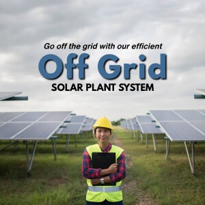 Woman in hard hat standing in front of solar panels promoting off-grid solar systems.