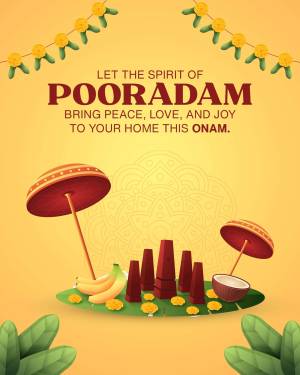Onam festival greeting with traditional elements like umbrella, fruits, and flowers.