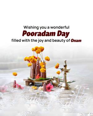 Poordam Day greeting with flowers and traditional decorations