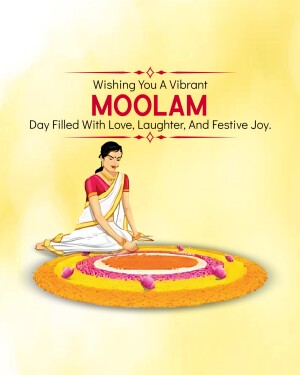 Image depicting a woman creating a colorful Moolam Rangoli with festive greetings.