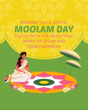 Illustration of a woman in traditional attire with a swing and floral decorations, wishing a joyful Moolam Day.