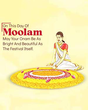 Onam Moolam festival greeting with a woman and floral arrangement