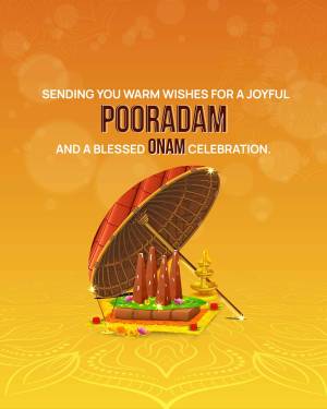 Image depicting a festive greeting for Pooaradam and Onam with a traditional houseboat and floral decorations.