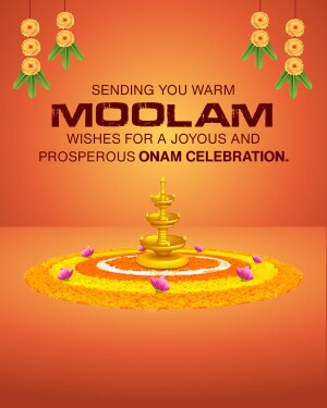 Onam Moolam celebration greeting with floral decorations and a traditional lamp.