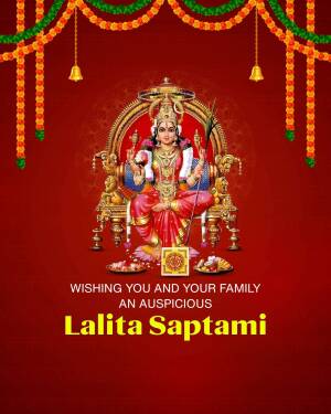 Image of Goddess Lalita seated on a throne with festive decorations and text wishing a happy Lalita Saptami.