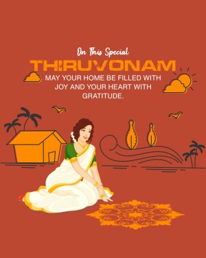 Thiruvonam festival greeting with a woman in traditional attire and a village scene.