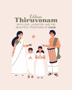 Illustration of a family celebrating Thiruvonam, an Onam festival tradition.