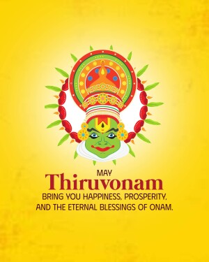 Illustration of a Kathakali face with floral decorations and the text 'Thiruvonam'