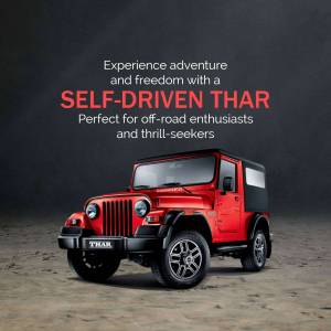 Red Mahindra Thar parked on a rocky surface with text promoting self-drive adventures.