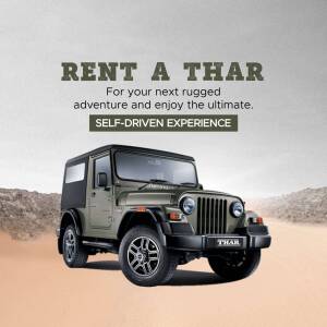 Mahindra Thar rental advertisement with a vehicle on a desert road