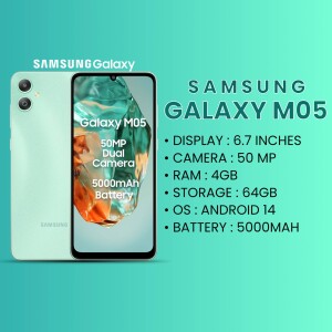 Samsung Galaxy M05 smartphone in light green color with specifications