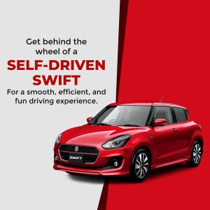 Red Suzuki Swift car with text promoting self-driving experience