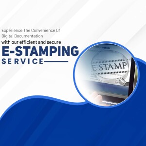 Image showcasing E-Stamping service with a hand holding a phone displaying an e-stamp and a laptop in the background.