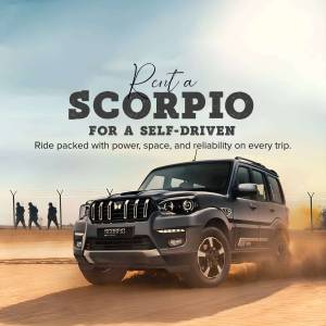 Mahindra Scorpio SUV parked on a road with text promoting self-drive rentals.
