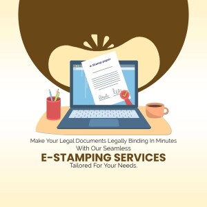 Laptop displaying an e-stamping document with office supplies and a coffee cup