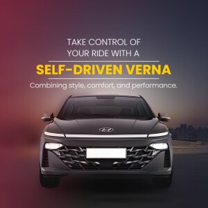 Front view of a grey Hyundai Verna with the text 'Take control of your ride with a Self-Driven Verna'