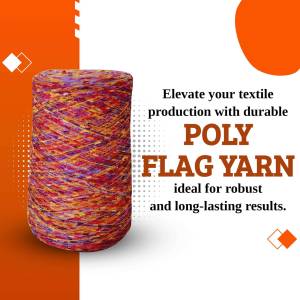 A large spool of colorful Poly Flag Yarn with promotional text.