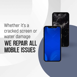 Image showing a phone with a cracked screen and a phone with a working screen, advertising mobile repair services.