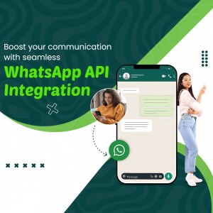 Image showcasing WhatsApp API integration with a woman using a smartphone.