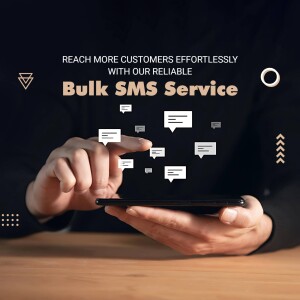 Person using a tablet with SMS message bubbles, promoting a Bulk SMS Service.