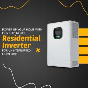 White residential inverter with a digital display on a dark gray background with yellow accents.