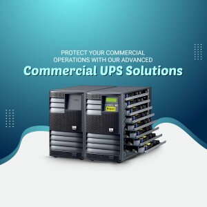 Image of a commercial UPS system with text promoting advanced commercial UPS solutions.