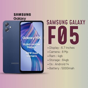 Image of a Samsung Galaxy F05 smartphone with specifications.