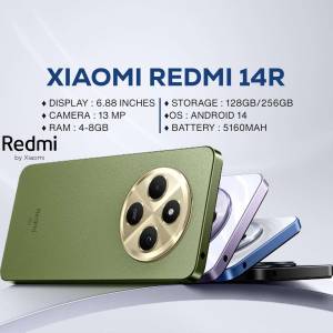Xiaomi Redmi 14R phone in green, purple and blue colors with specifications