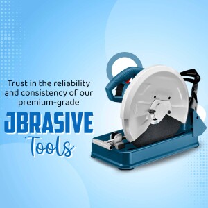 Blue and black JBRASIVE metal cutting saw on a light blue background with text promoting reliability and consistency.