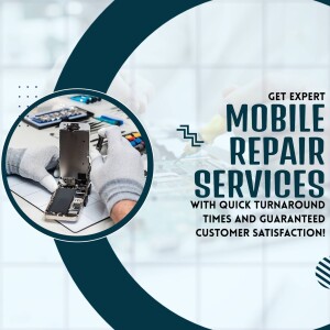 Close-up of a technician repairing a smartphone with tools, promoting mobile repair services.