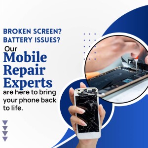 Mobile phone repair service advertisement with a broken screen and repair in progress