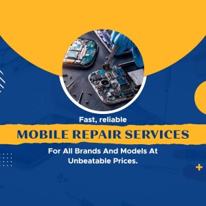 Close-up of a technician repairing a smartphone circuit board with text advertising mobile repair services.