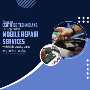 Image of a technician repairing a mobile phone with text promoting certified repair services.