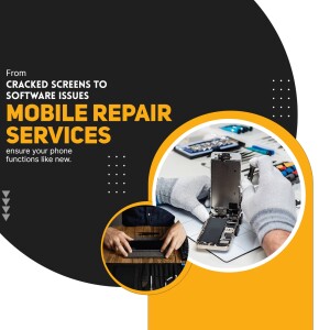 Image depicting mobile phone repair services with a technician working on a disassembled phone.