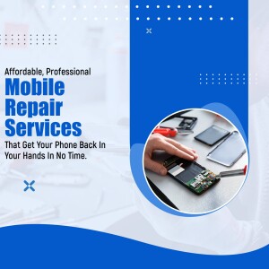 Image depicting a mobile phone repair service with a technician working on a device.