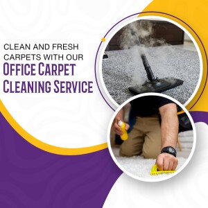 Image showcasing office carpet cleaning service with a vacuum cleaner and stain removal process.