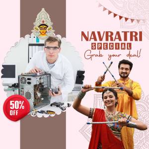 Navratri offer on computer repair and services with festive background