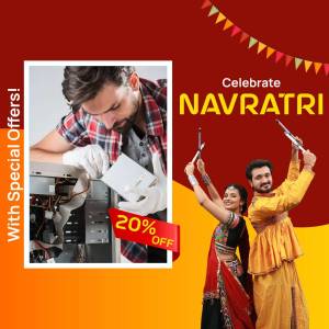 Navratri offer on appliance repair services with a man repairing an AC and a couple celebrating Navratri.
