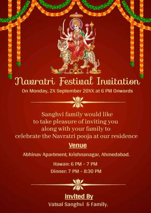 Navratri invitation card with Goddess Durga image and event details