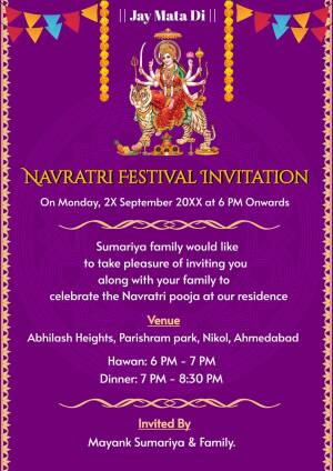 Navratri invitation card with Goddess Durga image and event details.