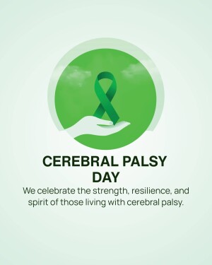 Green ribbon with a hand and text 'Cerebral Palsy Day'