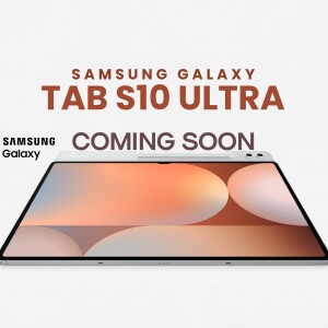 Samsung Galaxy Tab S10 Ultra tablet with a silver finish, displaying a colorful abstract background.
